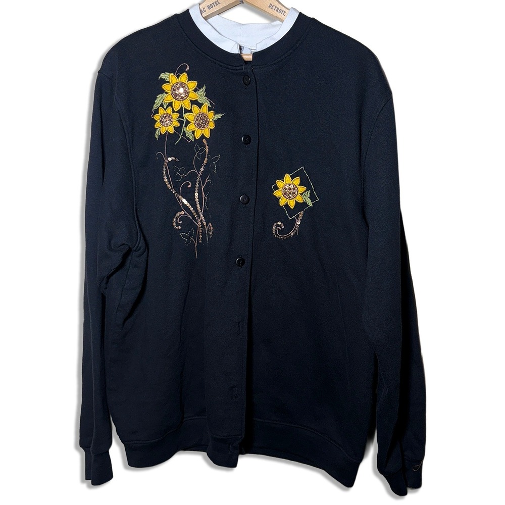 Hartfield Design Black Sunflower Embroidered Sequin Cardigan Sweatshirt Plus 3X